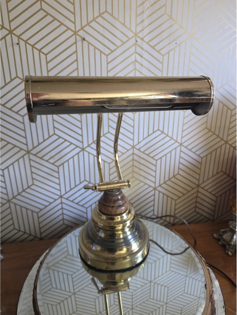 Vintage Underwriters Laboratories Brass Wood Piano Desk Bankers Adjustable Lamp